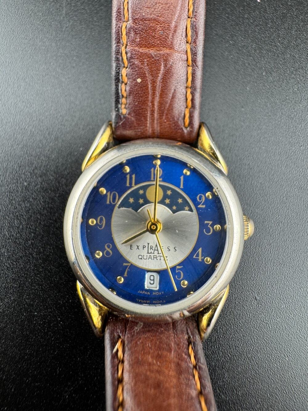 Vintage LA Express Quartz Moon Phase Blue Dial Watch